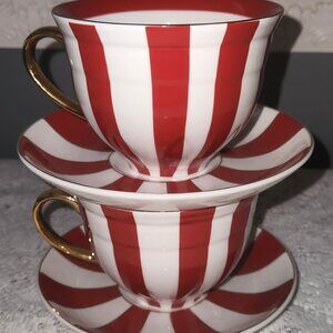 Grace's Teaware Scallop Red, White, Gold Set 2 Jumbo Cups and Saucers